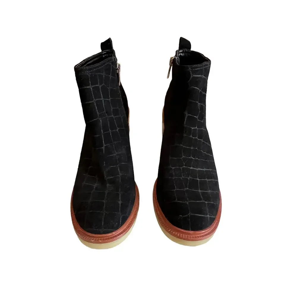 Vince Camuto Gorgan Croc Embossed Suede Ankle Boots Booties Black 9.5